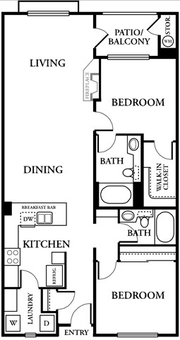 Floor plan for 2 beds, 2 baths, 1182 sqft